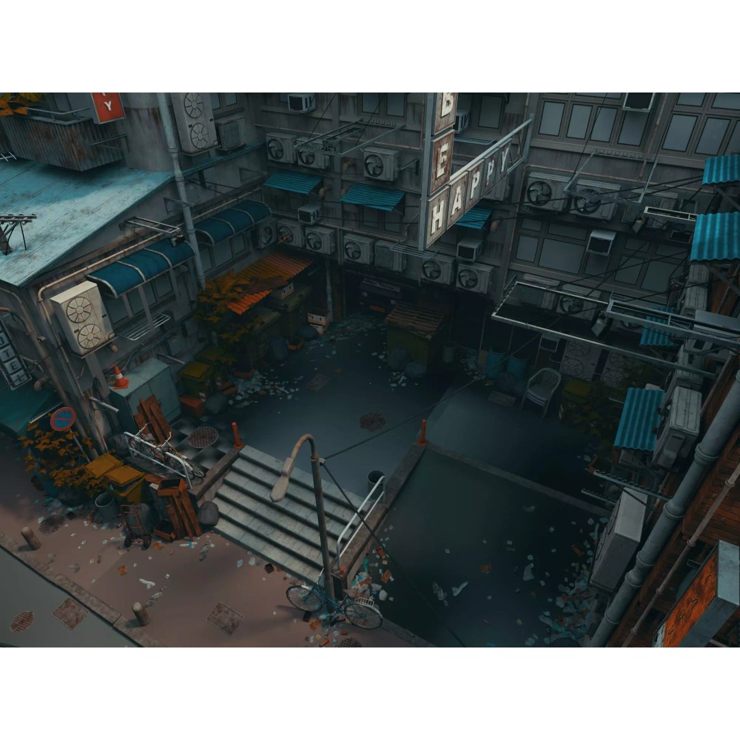 Cyberpunk Alley 3D Model – Low Poly Urban Scene, FBX, OBJ - View 14