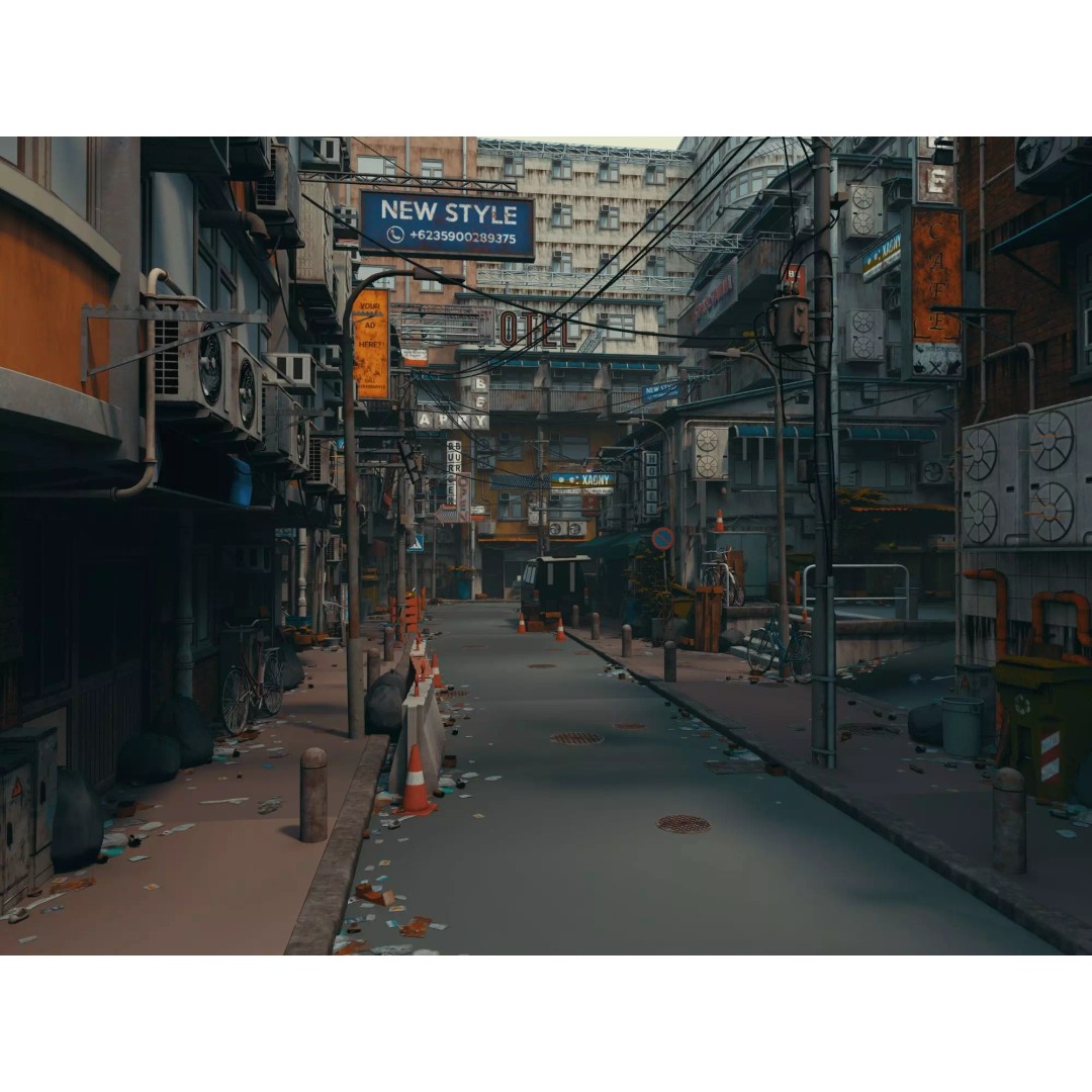 Cyberpunk Alley 3D Model – Low Poly Urban Scene, FBX, OBJ - View 2