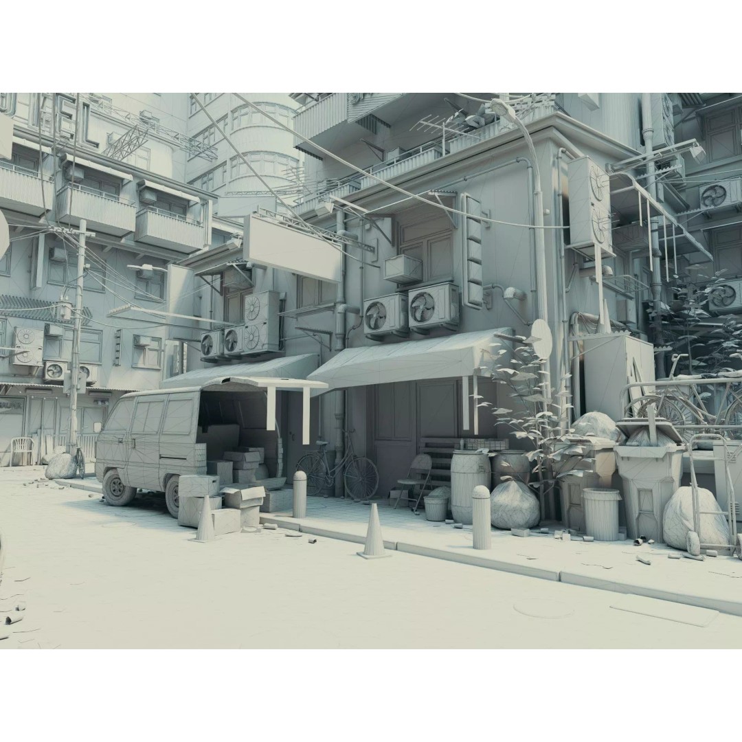 Cyberpunk Alley 3D Model – Low Poly Urban Scene, FBX, OBJ - View 22