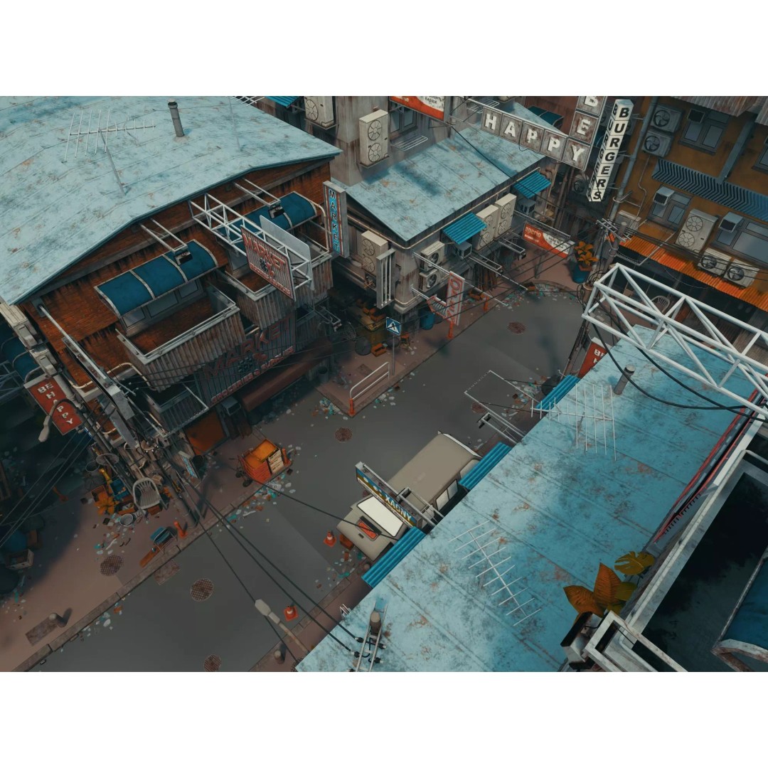 Cyberpunk Alley 3D Model – Low Poly Urban Scene, FBX, OBJ - View 5