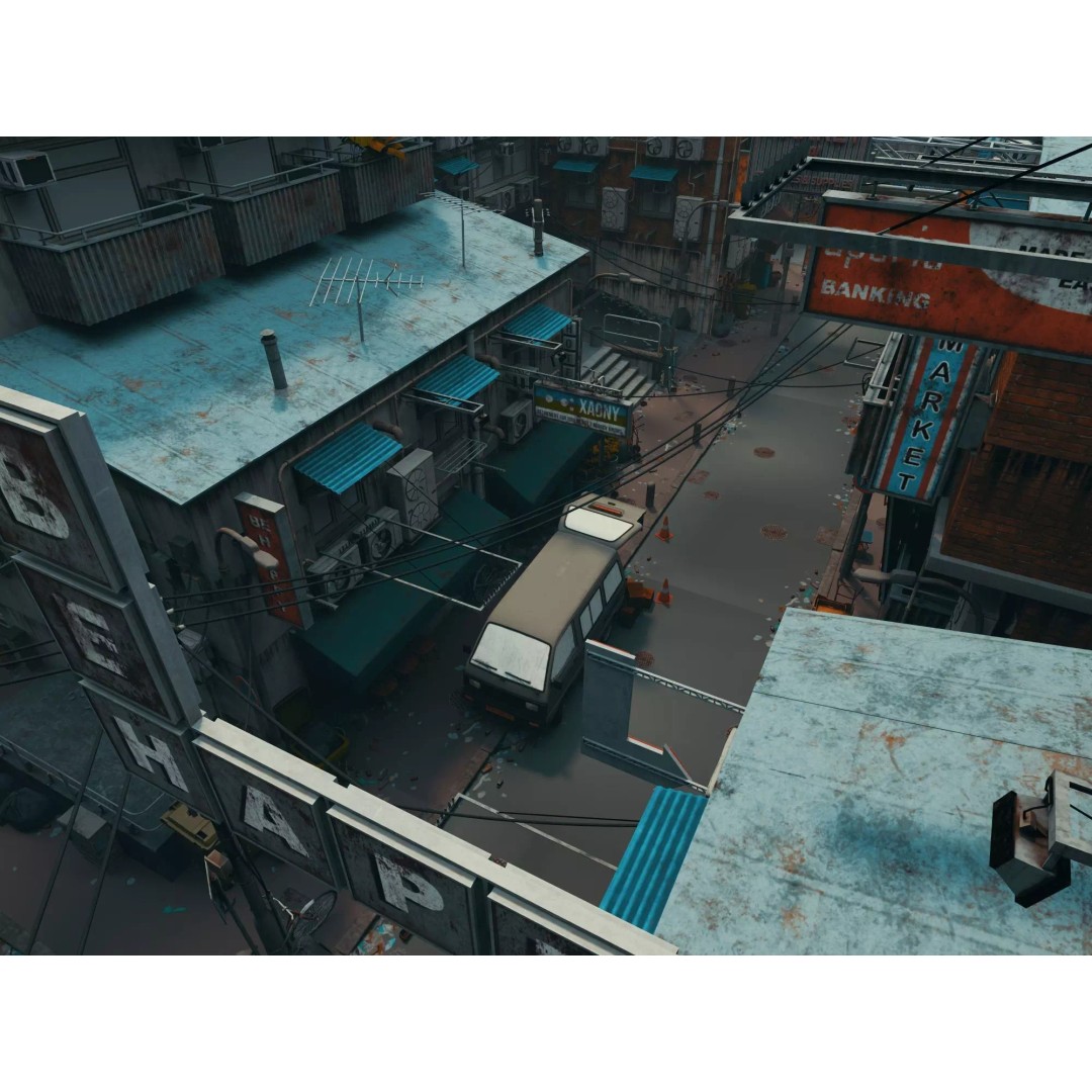 Cyberpunk Alley 3D Model – Low Poly Urban Scene, FBX, OBJ - View 9