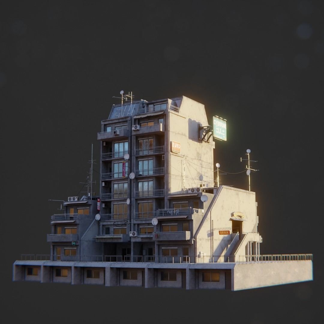 Dystopian Cyberpunk Suburb City - Low-Poly Game-Ready 3D Model - View 3
