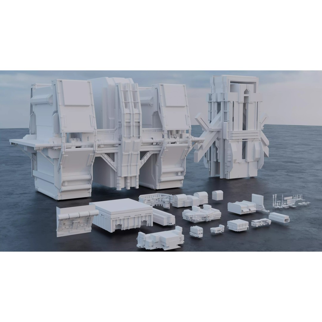 Sci-Fi Building Kitbash Pack 3D Model – Low Poly Concept Meshes, FBX & OBJ - View 2