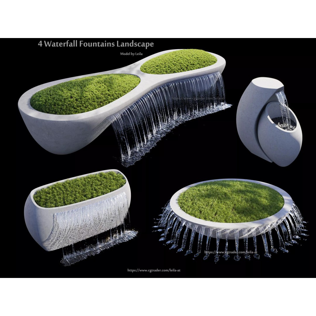 Waterfall Fountains 3D Model – Modern Landscape, Outdoor Features, FBX, OBJ - View 2