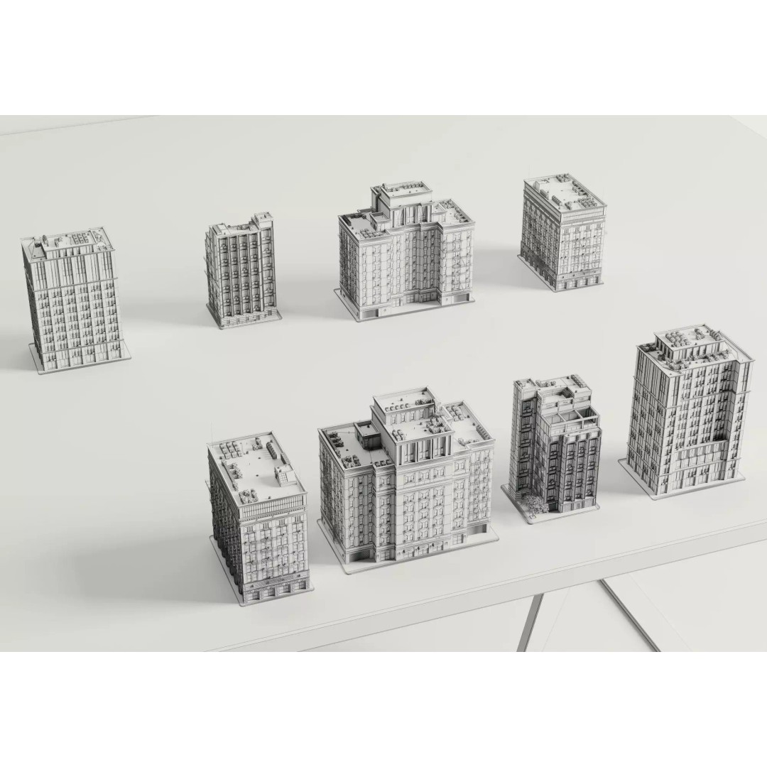 Classic American Apartment Buildings 3D Model – Low Poly Urban Asset, FBX