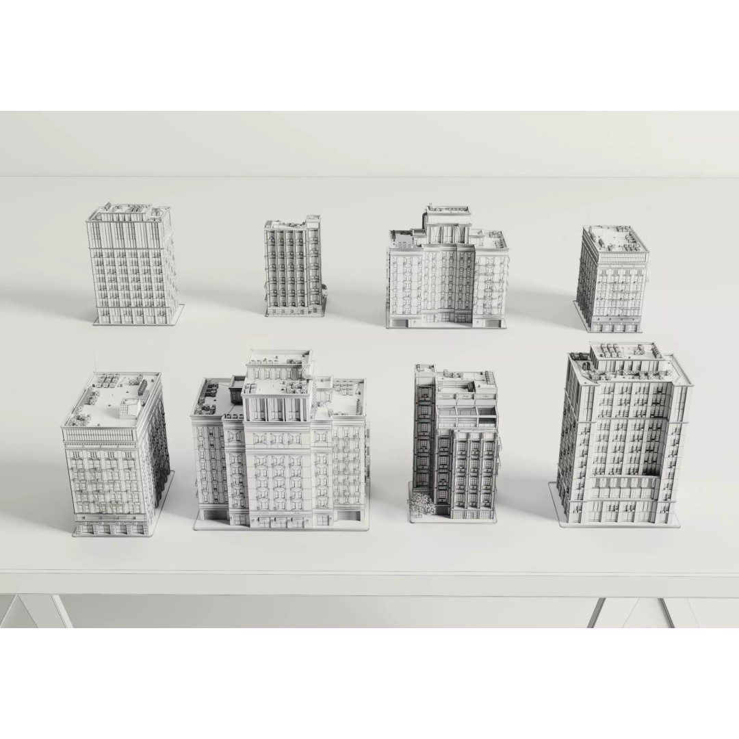 Classic American Apartment Buildings 3D Model – Low Poly Urban Asset, FBX - View 10
