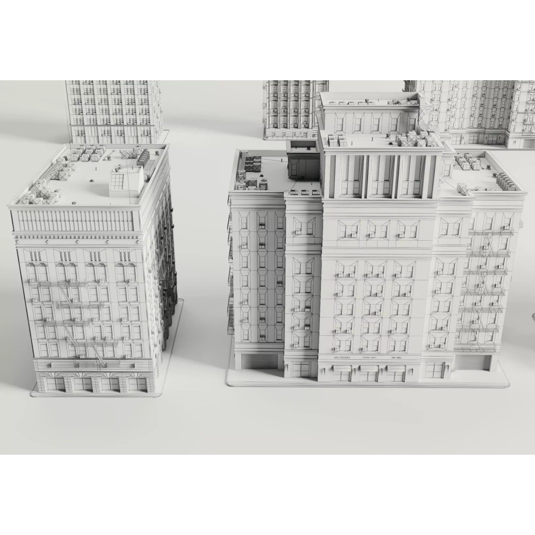 Classic American Apartment Buildings 3D Model – Low Poly Urban Asset, FBX - View 11