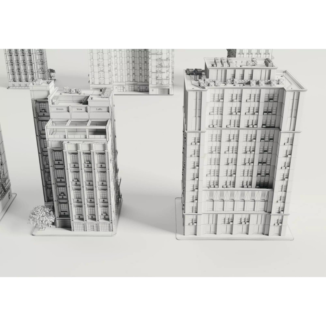 Classic American Apartment Buildings 3D Model – Low Poly Urban Asset, FBX - View 12