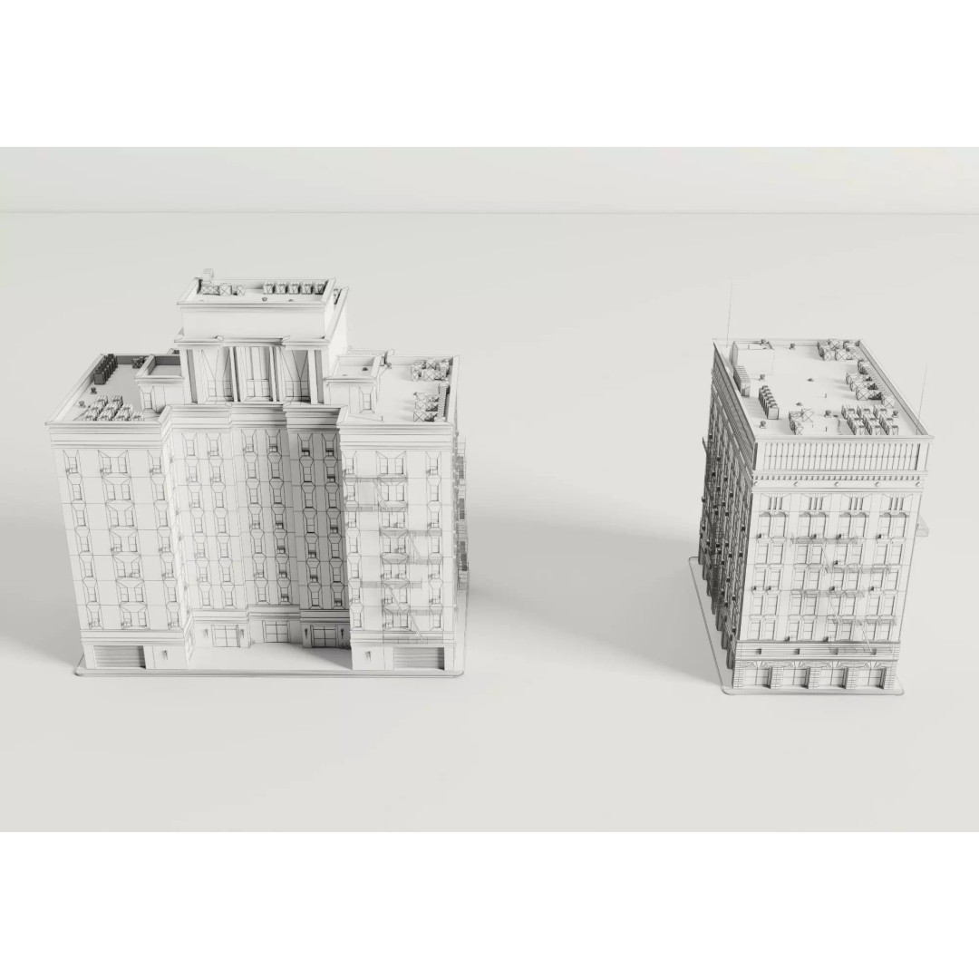 Classic American Apartment Buildings 3D Model – Low Poly Urban Asset, FBX - View 13