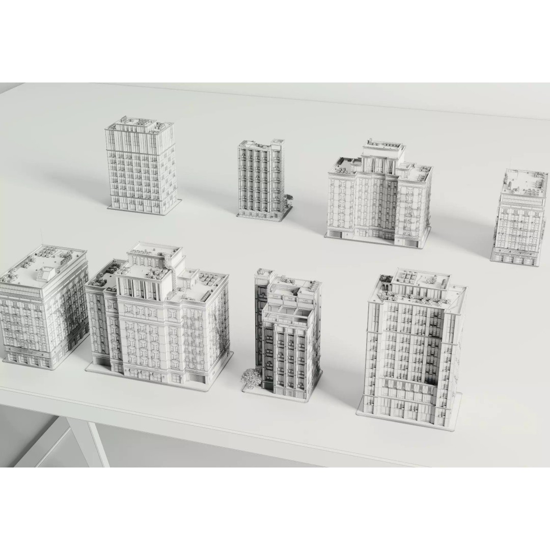 Classic American Apartment Buildings 3D Model – Low Poly Urban Asset, FBX - View 15