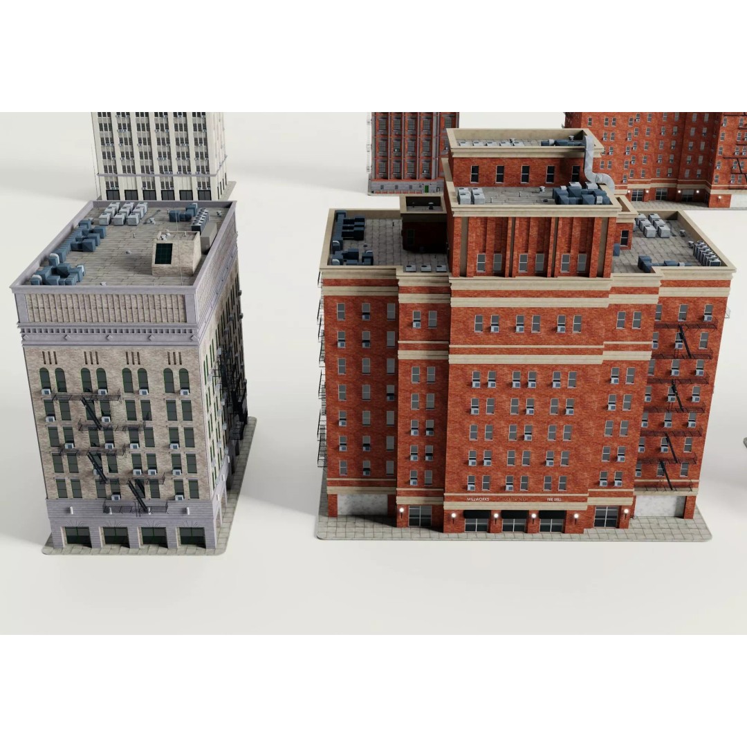 Classic American Apartment Buildings 3D Model – Low Poly Urban Asset, FBX - View 3
