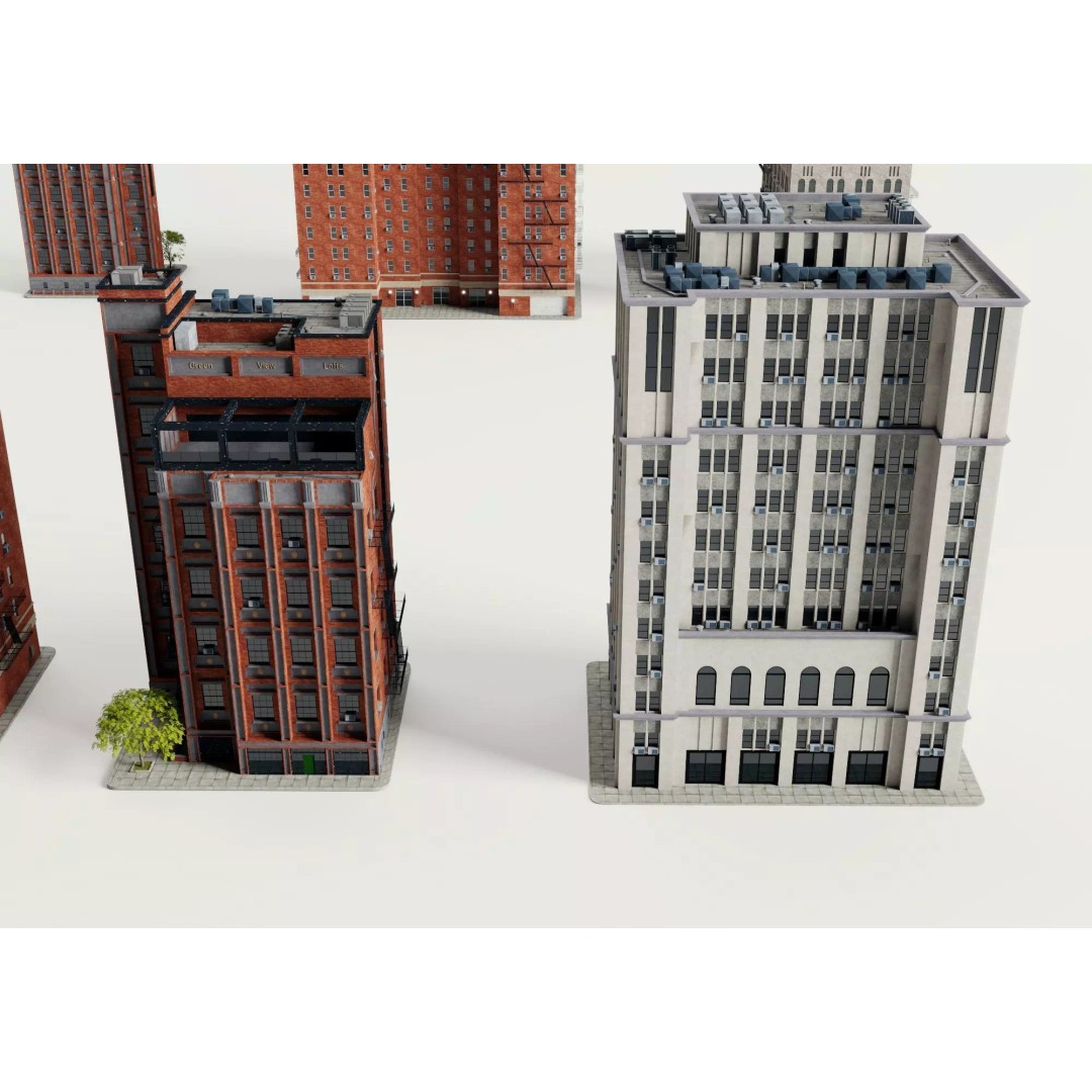 Classic American Apartment Buildings 3D Model – Low Poly Urban Asset, FBX - View 4
