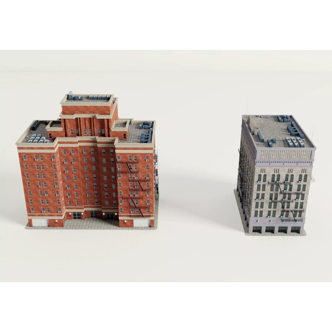 Classic American Apartment Buildings 3D Model – Low Poly Urban Asset, FBX - View 5