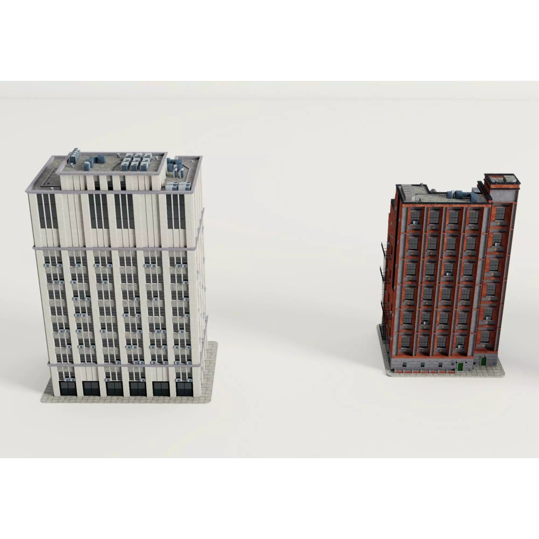 Classic American Apartment Buildings 3D Model – Low Poly Urban Asset, FBX - View 6