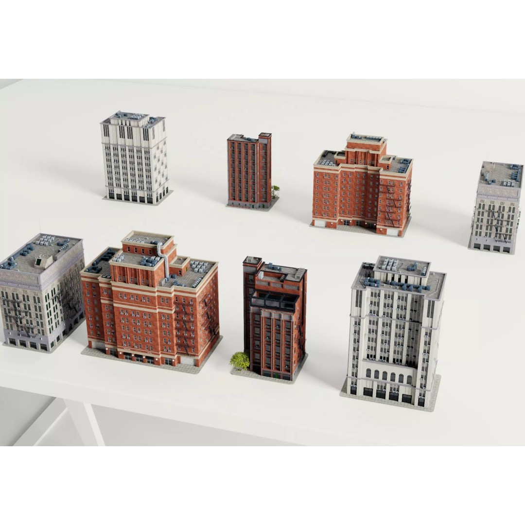 Classic American Apartment Buildings 3D Model – Low Poly Urban Asset, FBX - View 7