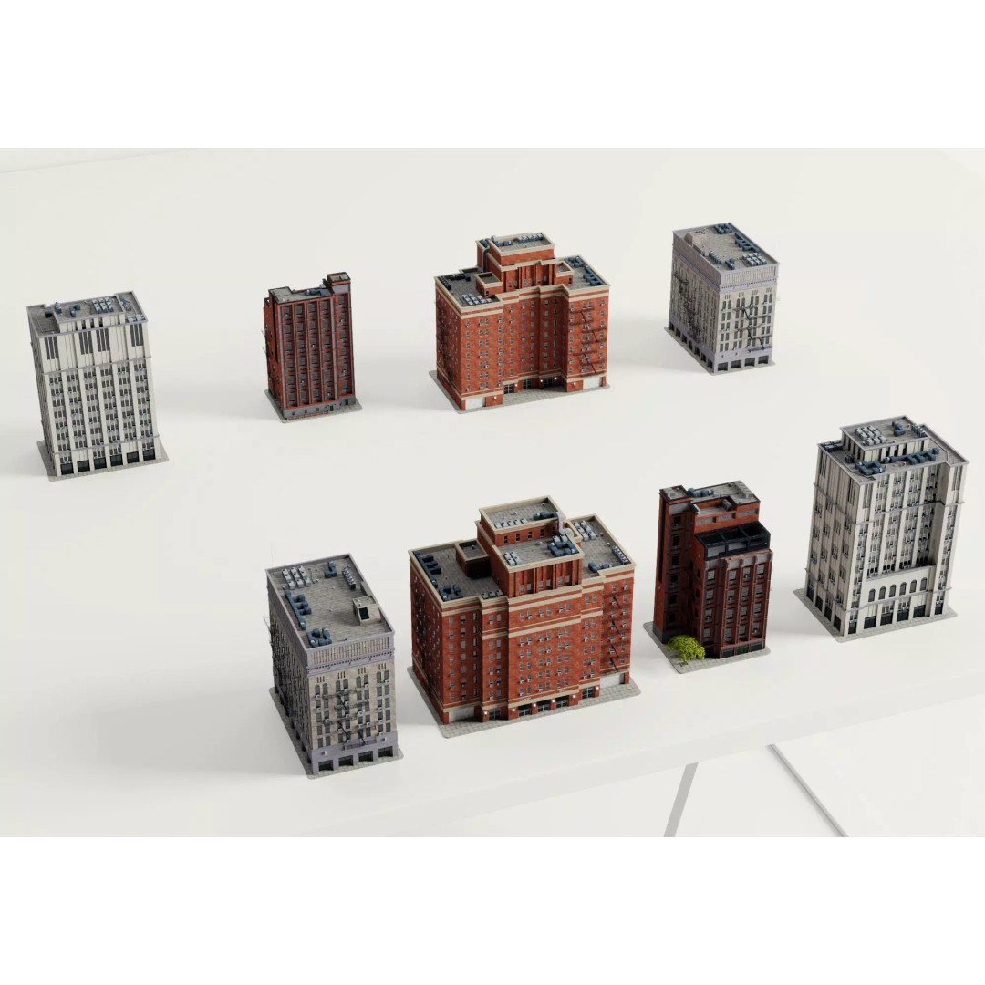 Classic American Apartment Buildings 3D Model – Low Poly Urban Asset, FBX - View 8