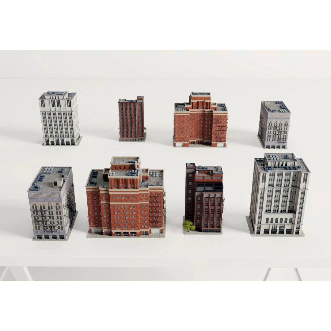 Classic American Apartment Buildings 3D Model – Low Poly Urban Asset, FBX - View 9