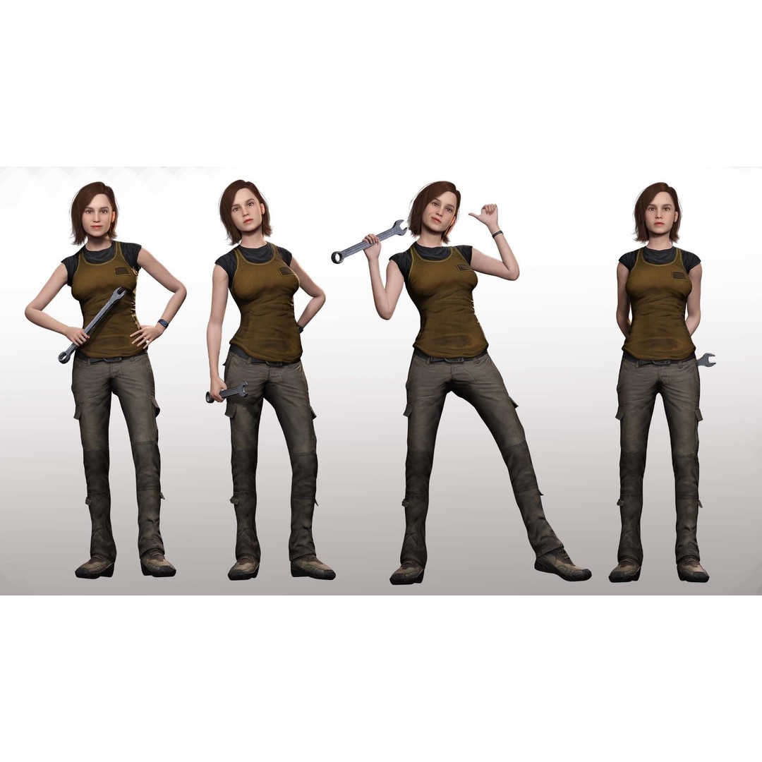 Sabrina 3D Model – Realistic Woman in Repairman Clothing, Rigged - View 3