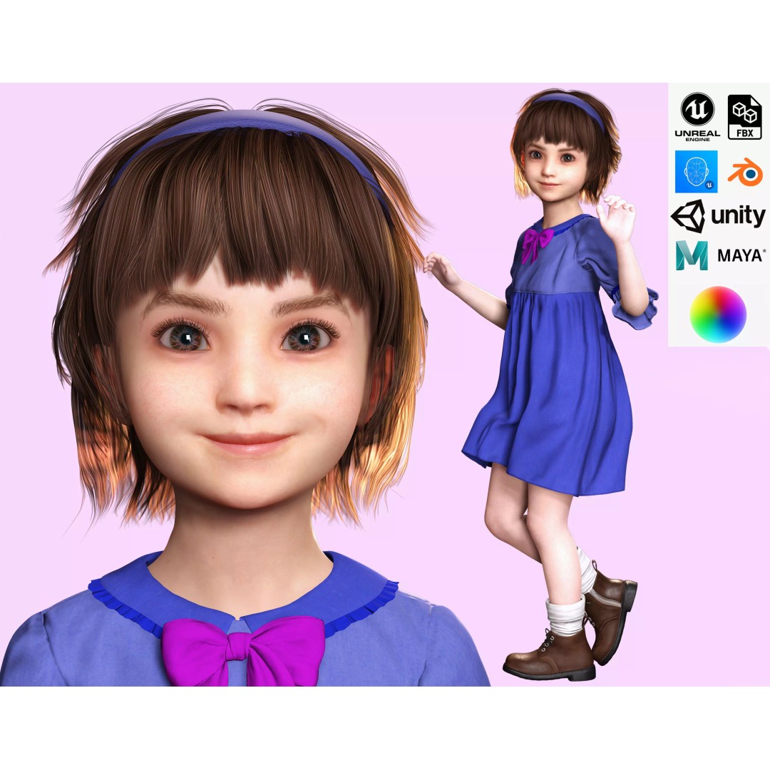 Olivia 3D Model – Low Poly Cute Child Character, Rigged, FBX - View 2