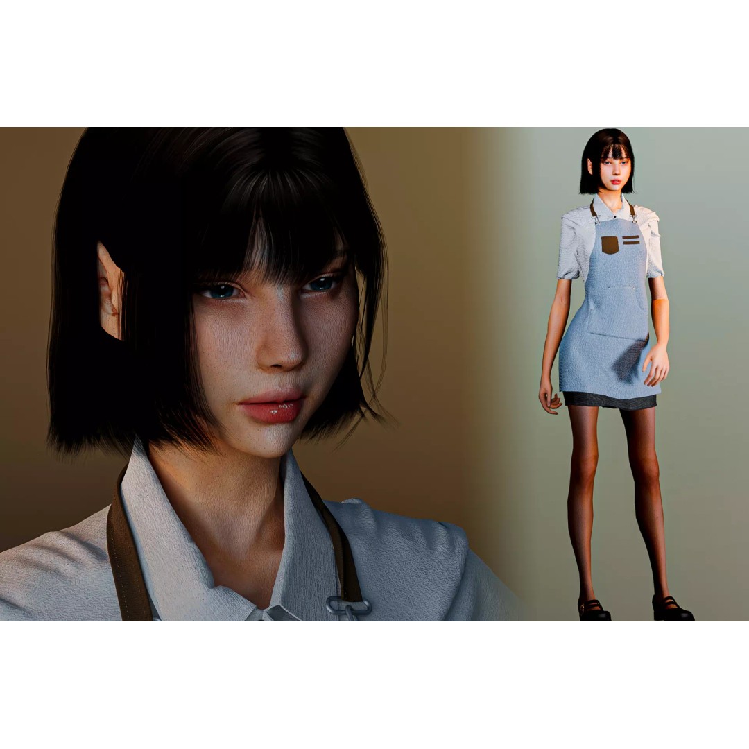 Waitress Girl 3D Model – Low Poly Game Ready Character, FBX, Blender - View 2
