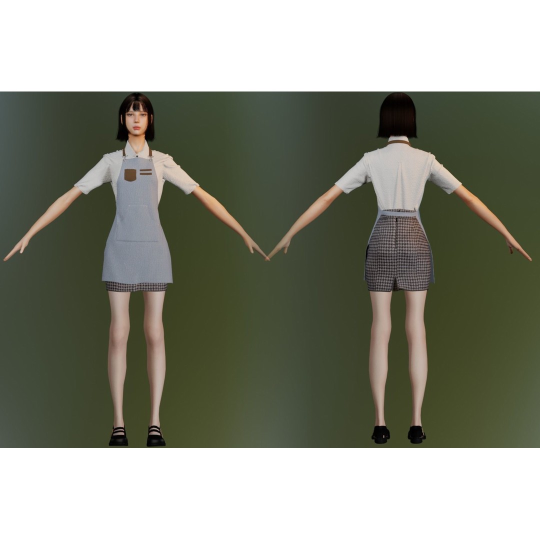 Waitress Girl 3D Model – Low Poly Game Ready Character, FBX, Blender - View 5