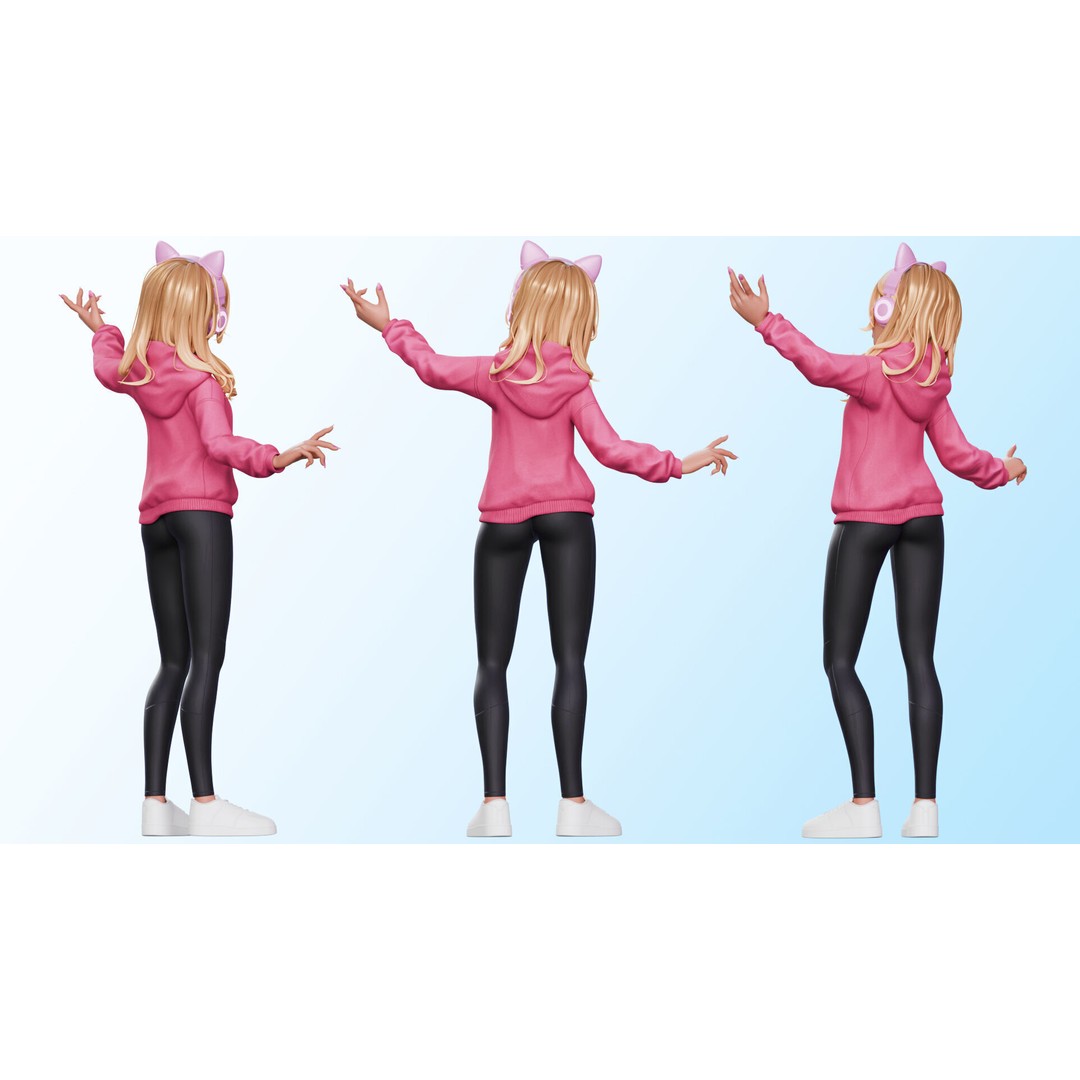 Gamer Girl 3D Model – Rigged Cartoon Character for Animation, FBX