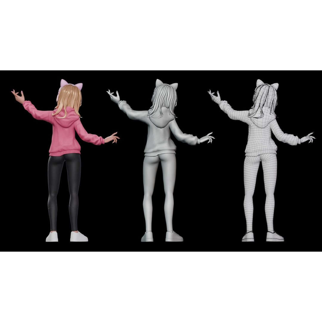 Gamer Girl 3D Model – Rigged Cartoon Character for Animation, FBX - View 10