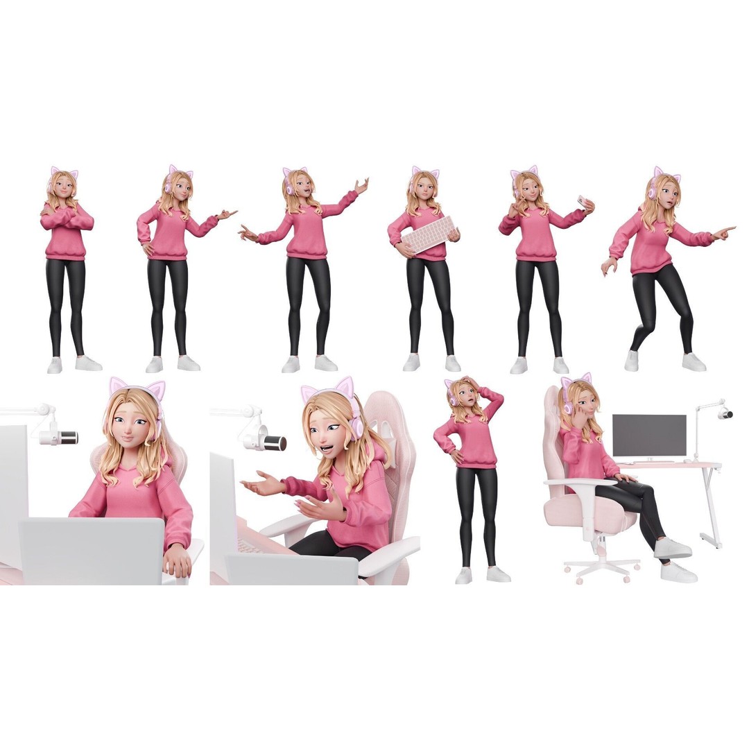 Gamer Girl 3D Model – Rigged Cartoon Character for Animation, FBX - View 17