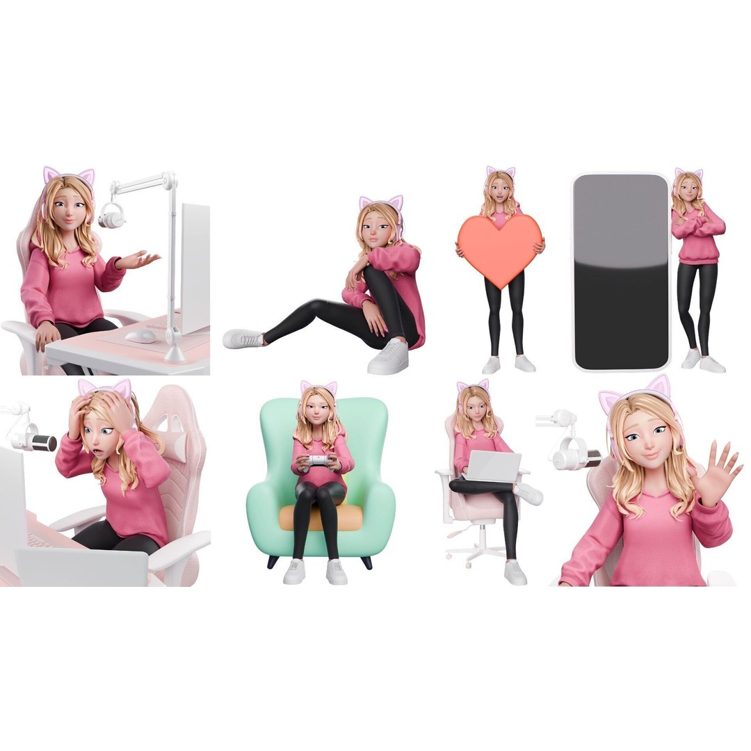 Gamer Girl 3D Model – Rigged Cartoon Character for Animation, FBX - View 18