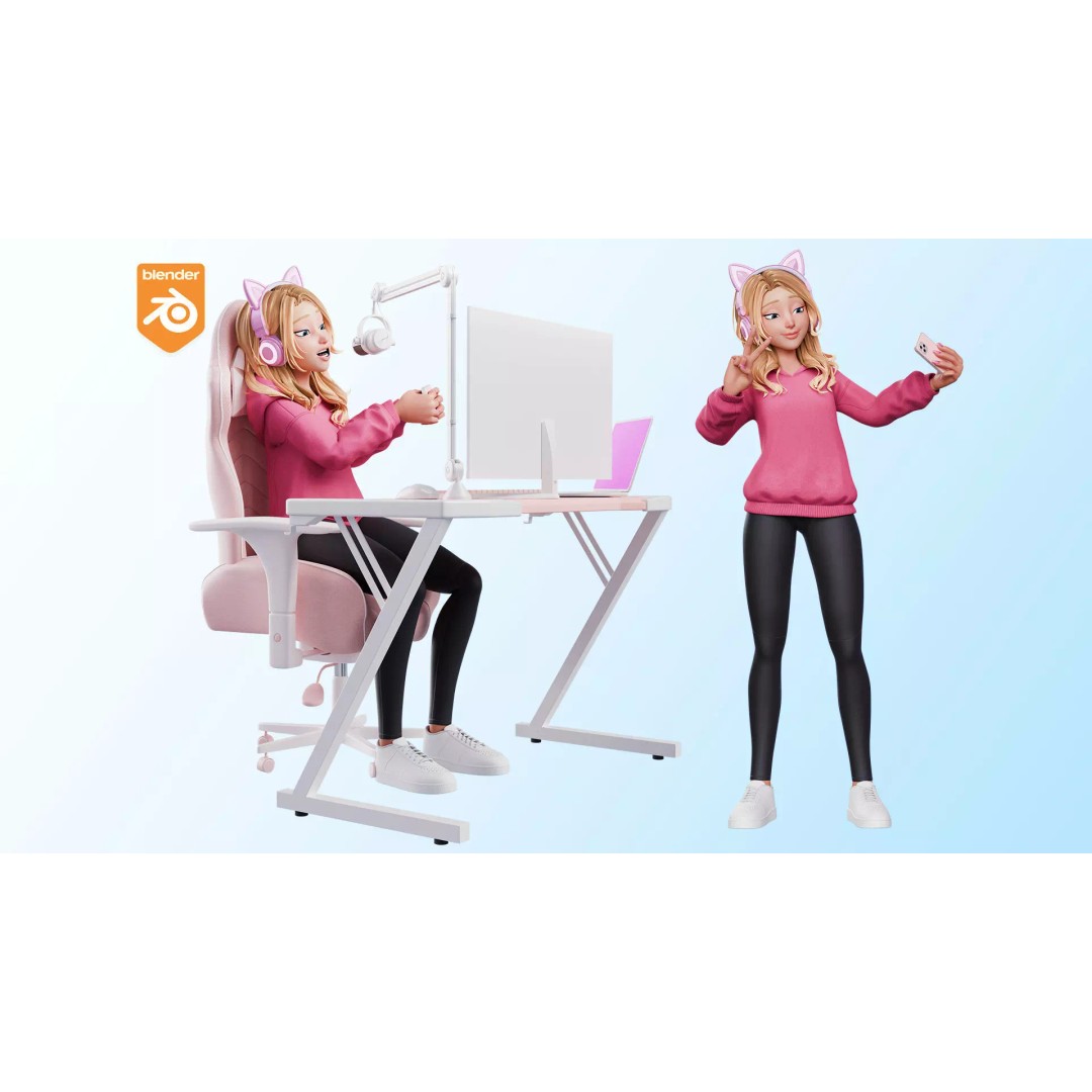 Gamer Girl 3D Model – Rigged Cartoon Character for Animation, FBX - View 2