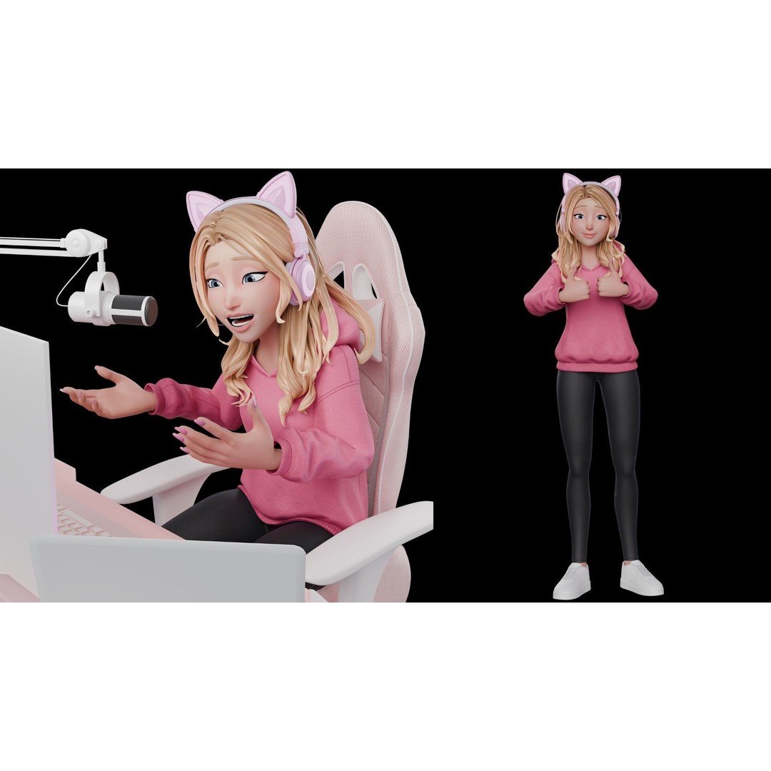 Gamer Girl 3D Model – Rigged Cartoon Character for Animation, FBX - View 21