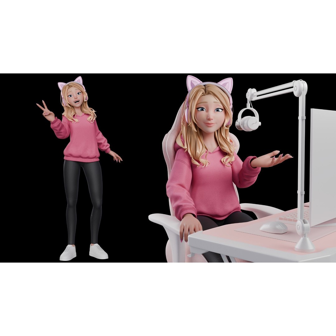 Gamer Girl 3D Model – Rigged Cartoon Character for Animation, FBX - View 22