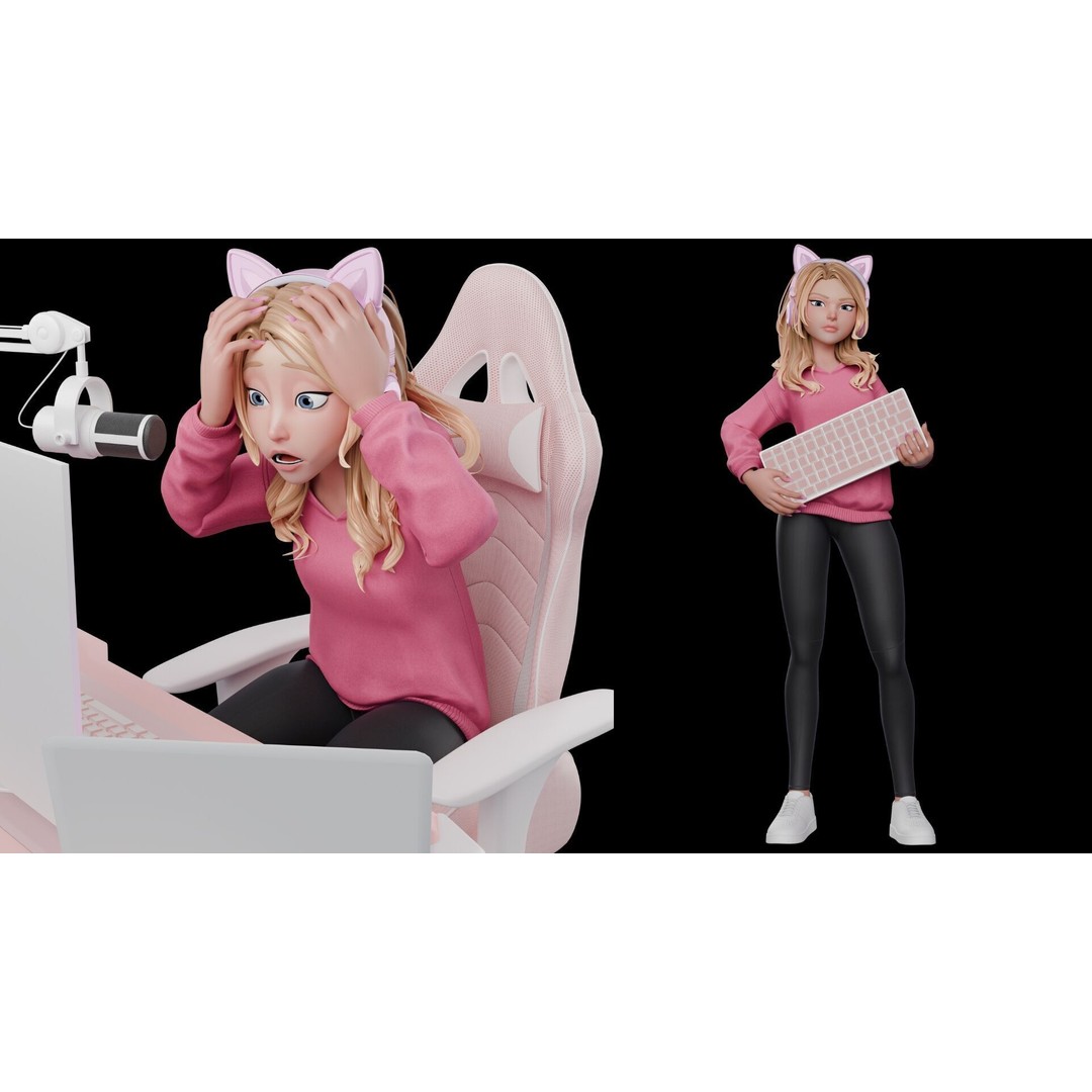 Gamer Girl 3D Model – Rigged Cartoon Character for Animation, FBX - View 23