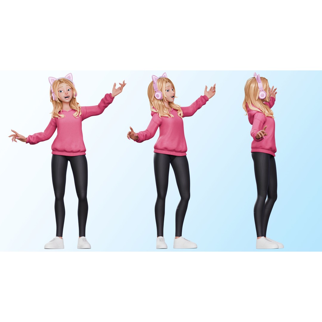 Gamer Girl 3D Model – Rigged Cartoon Character for Animation, FBX - View 28