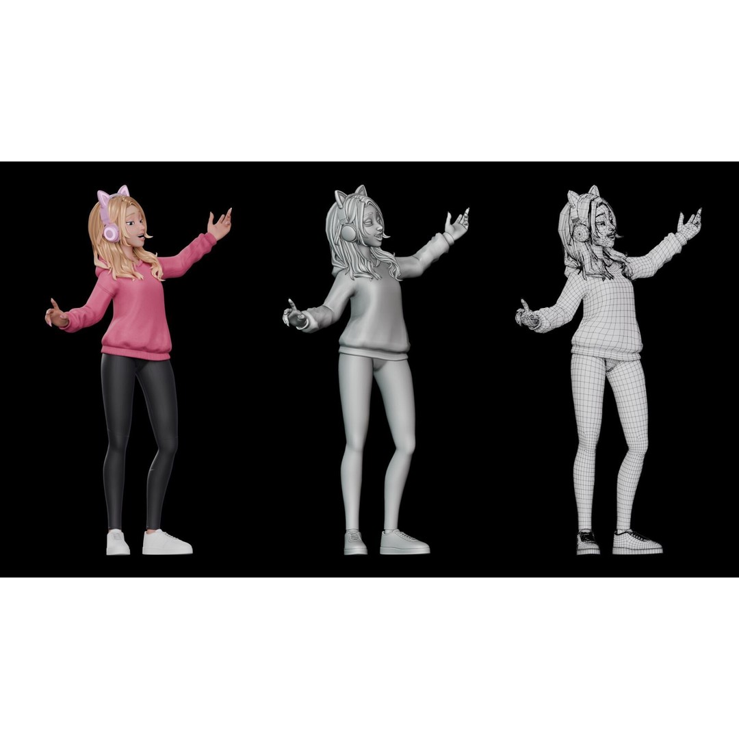 Gamer Girl 3D Model – Rigged Cartoon Character for Animation, FBX - View 9