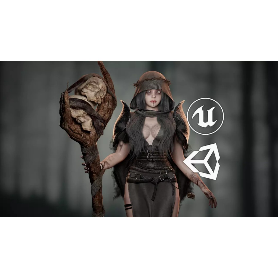 Skull Witch 3D Model – Low Poly Game Ready Character, FBX - View 2