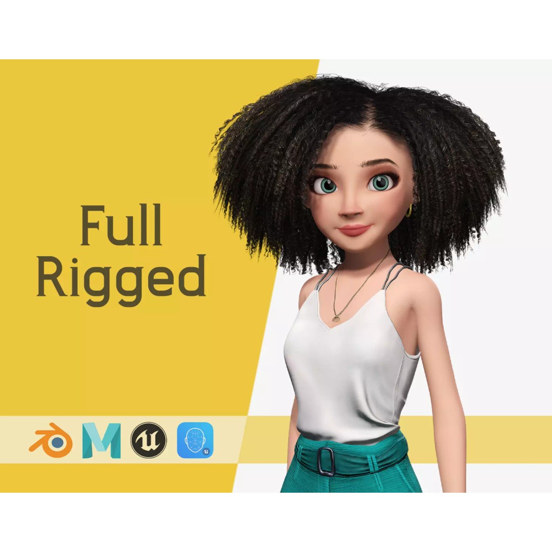 Curly Hair 3D Model – Stylized Low-Poly Rigged Character, FBX - View 2