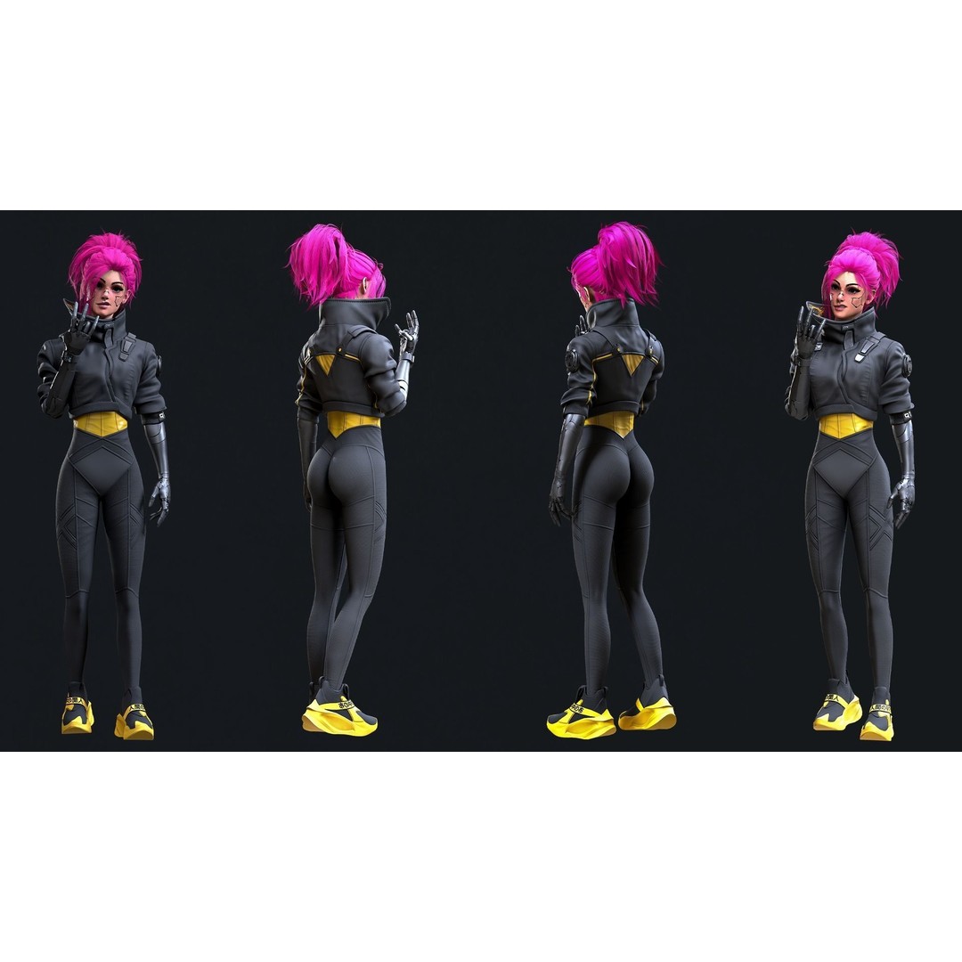 Cyberpunk Girl 3D Model – Game Ready Low Poly Character, FBX - View 10