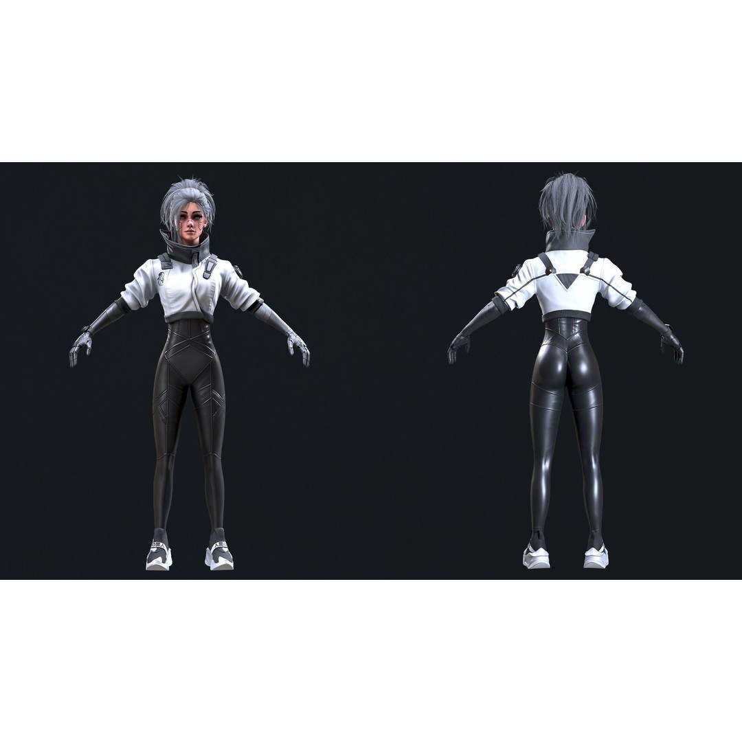 Cyberpunk Girl 3D Model – Game Ready Low Poly Character, FBX - View 11