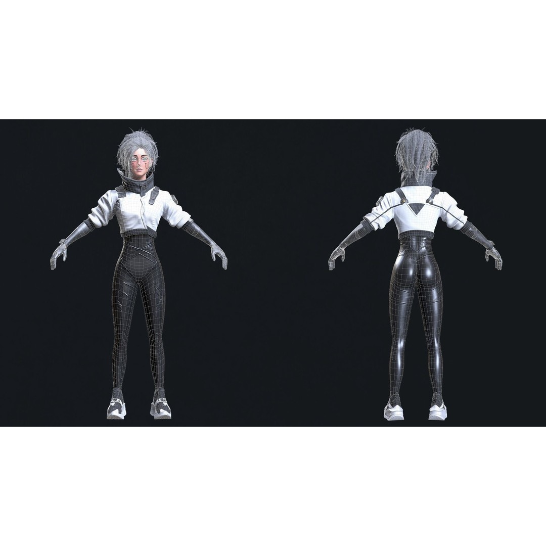 Cyberpunk Girl 3D Model – Game Ready Low Poly Character, FBX - View 12