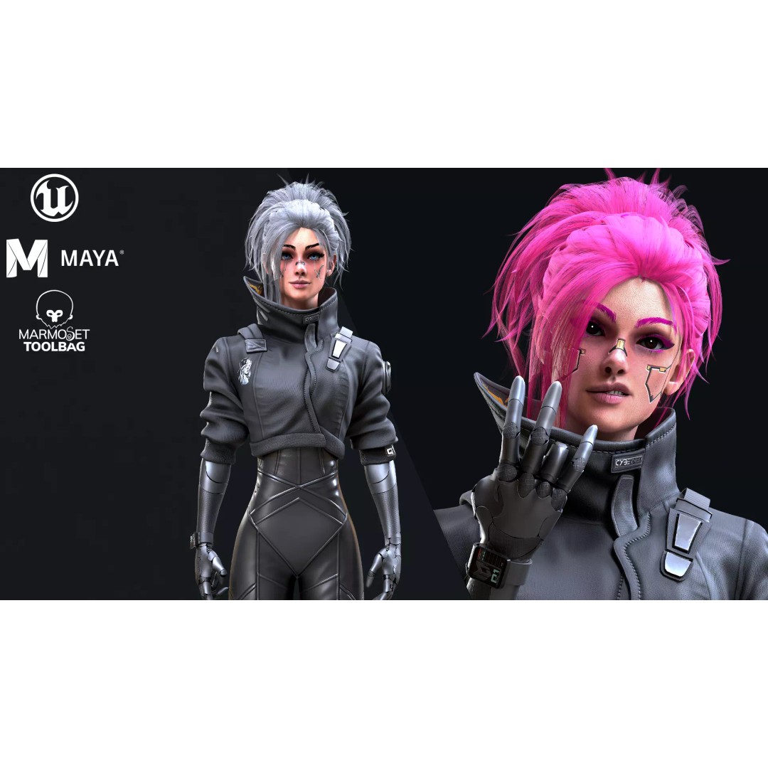Cyberpunk Girl 3D Model – Game Ready Low Poly Character, FBX - View 2