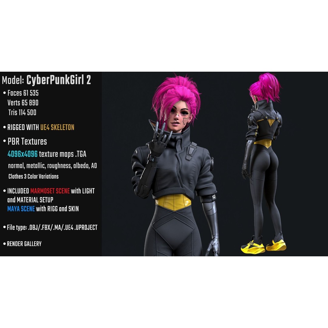 Cyberpunk Girl 3D Model – Game Ready Low Poly Character, FBX - View 3