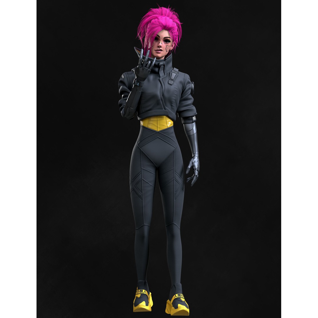 Cyberpunk Girl 3D Model – Game Ready Low Poly Character, FBX - View 6