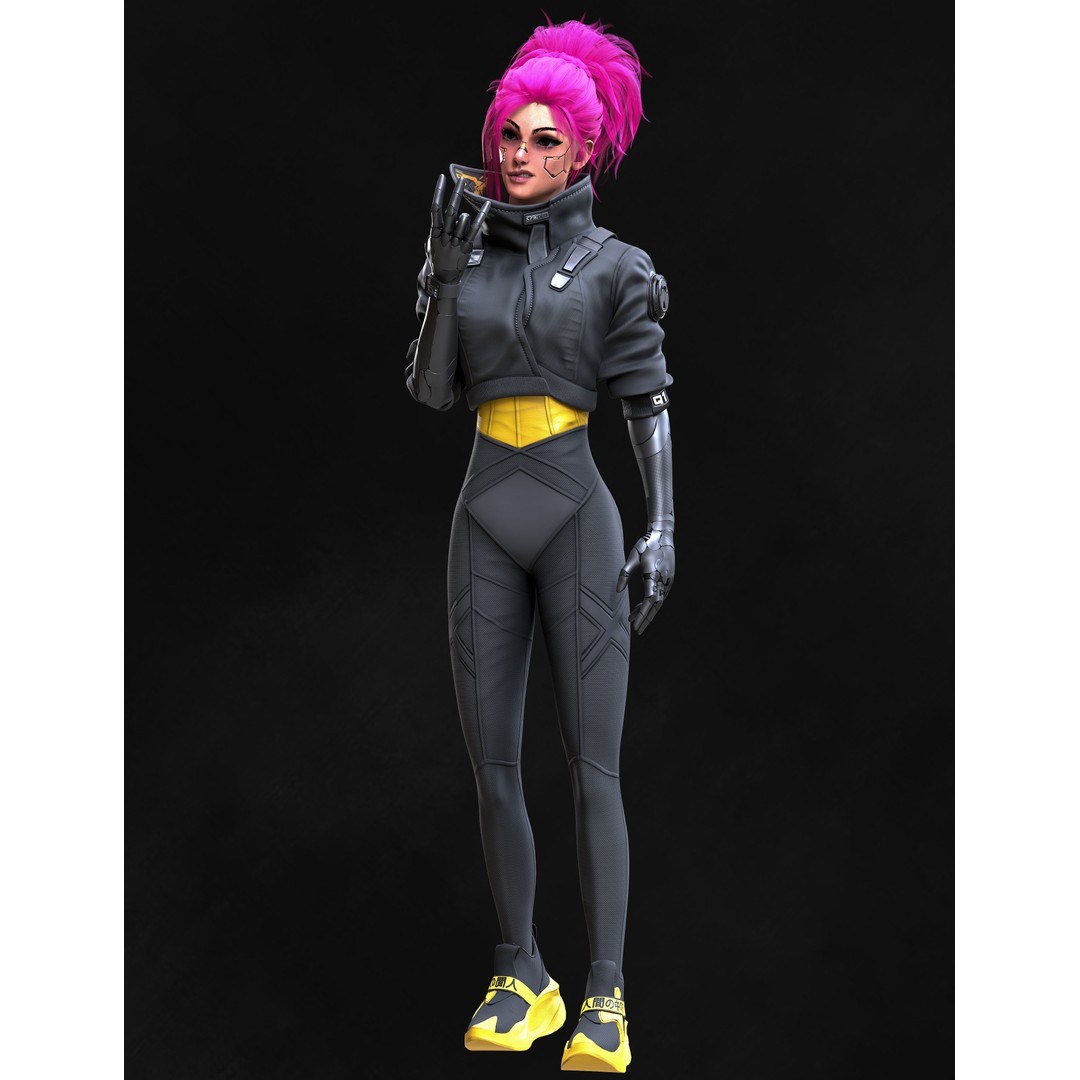 Cyberpunk Girl 3D Model – Game Ready Low Poly Character, FBX - View 9