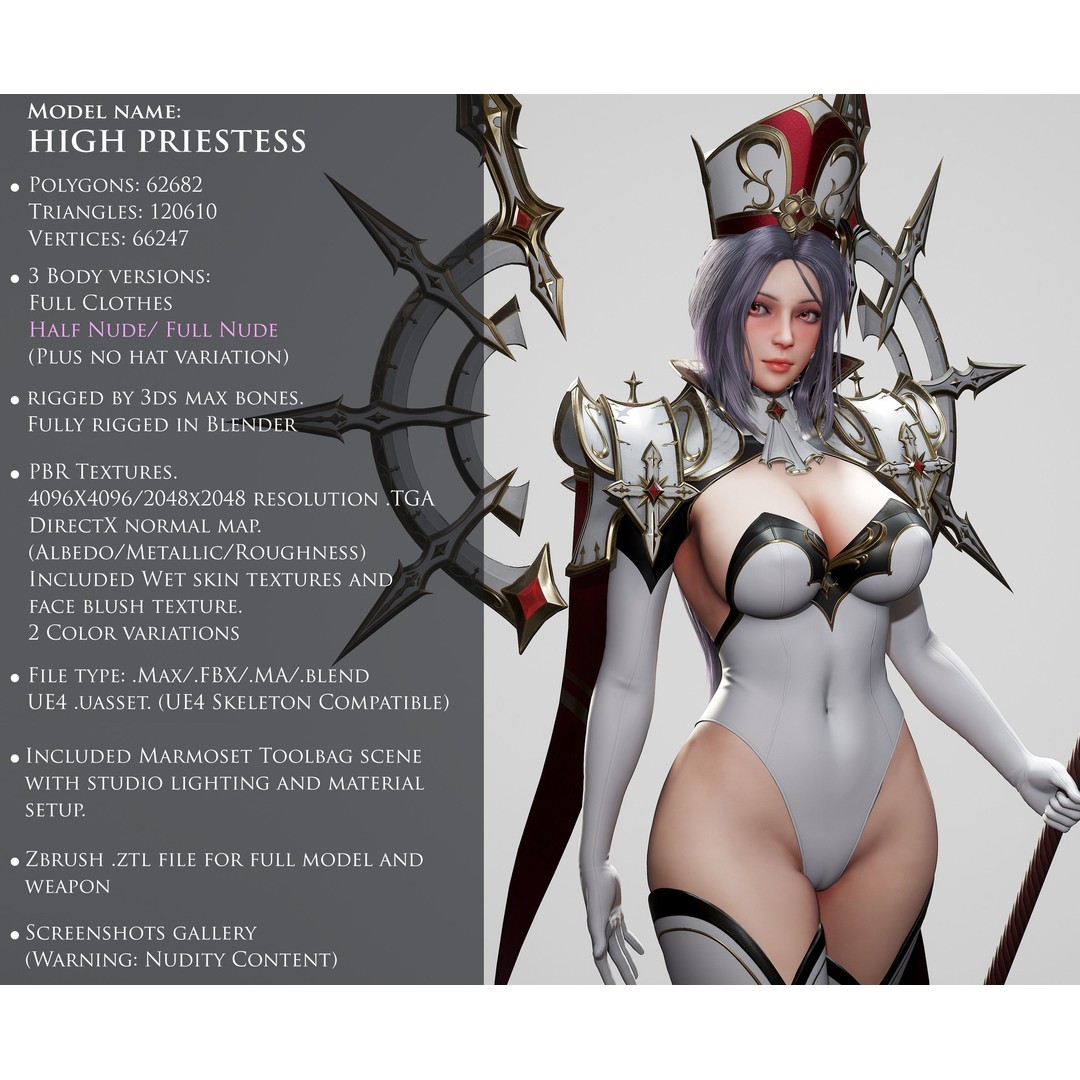 High Priestess 3D Model – Low Poly Game Ready Character, FBX, PBR - View 3