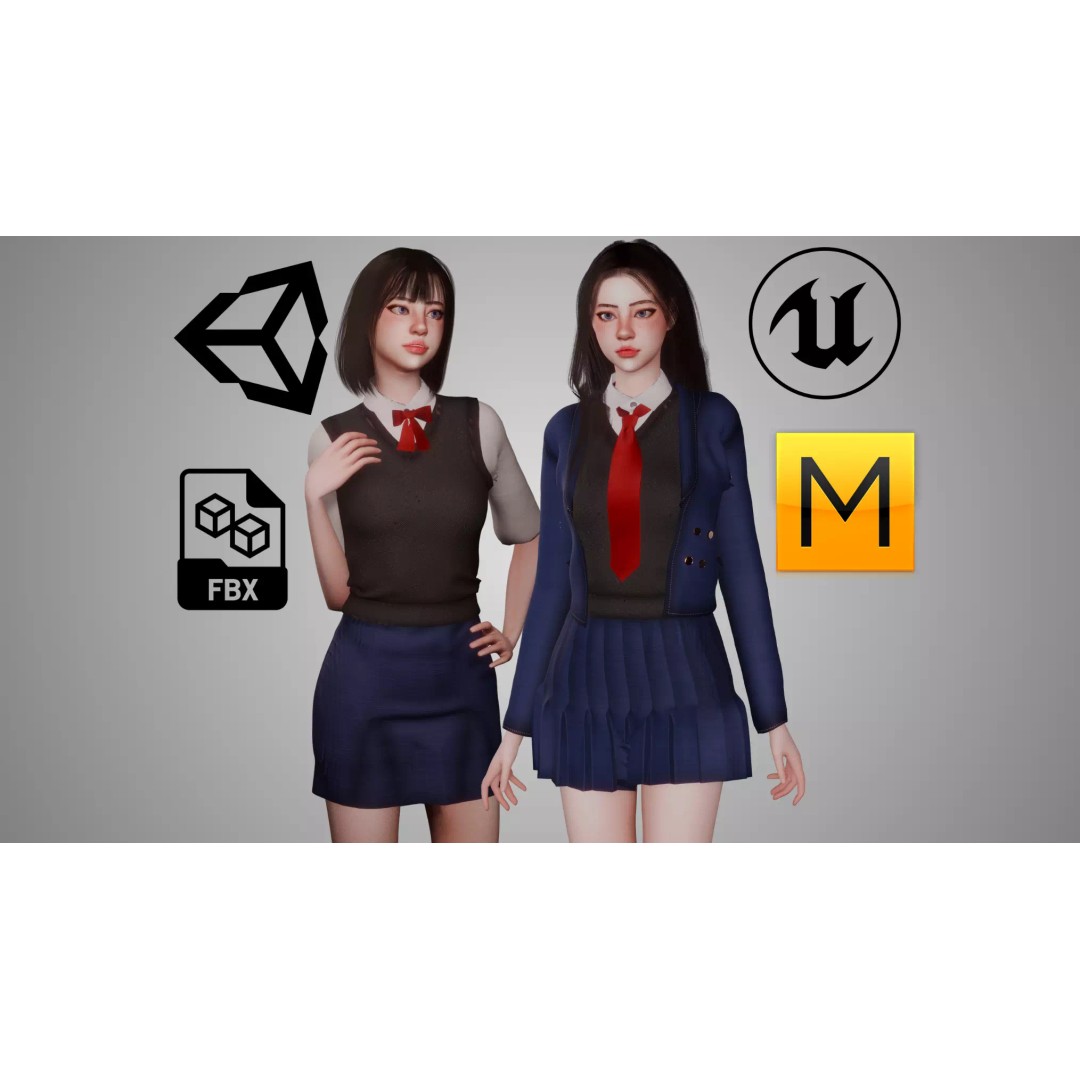 Uniform Girl 3D Model – Game-Ready Low-Poly Character, FBX, OBJ - View 2