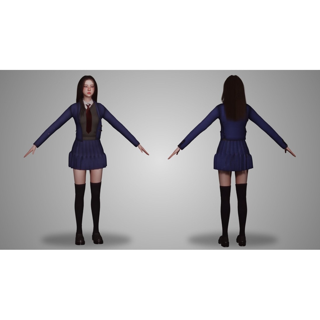 Uniform Girl 3D Model – Game-Ready Low-Poly Character, FBX, OBJ - View 3