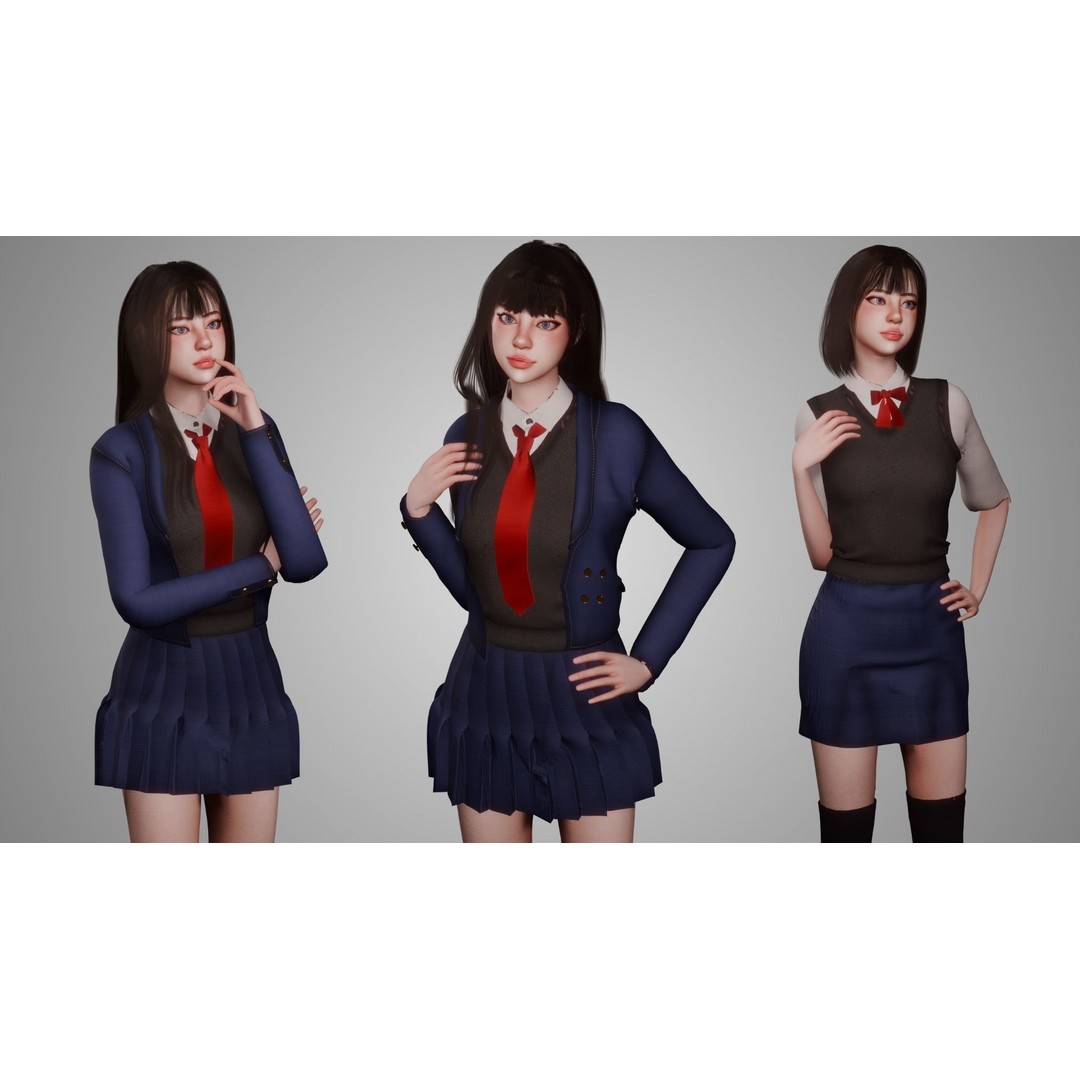 Uniform Girl 3D Model – Game-Ready Low-Poly Character, FBX, OBJ - View 4