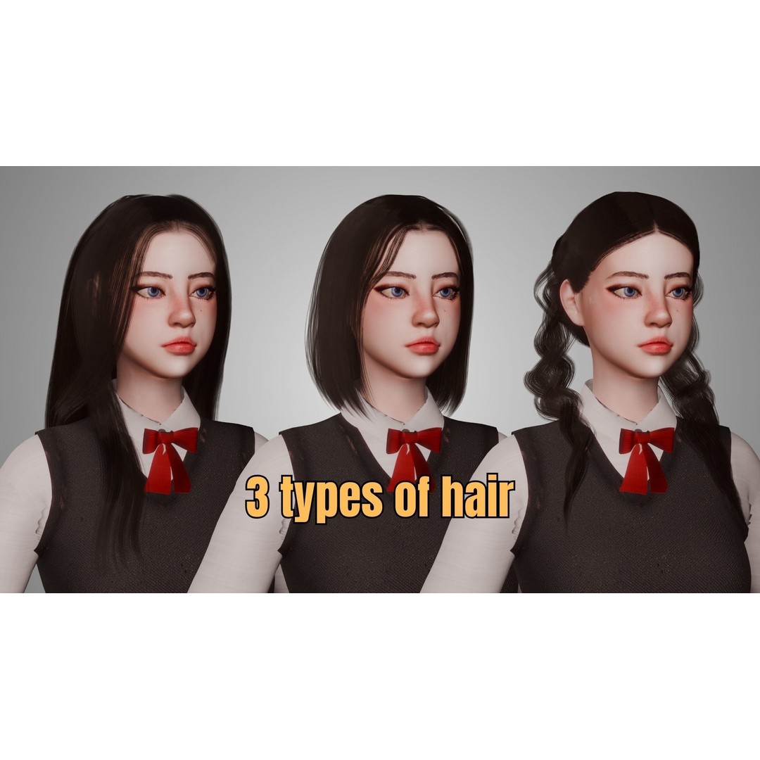 Uniform Girl 3D Model – Game-Ready Low-Poly Character, FBX, OBJ - View 9