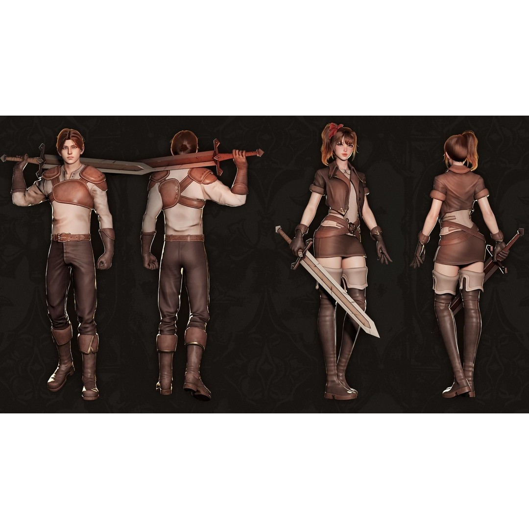MMORPG Newbie Warrior 3D Model – Low Poly Modular Character, FBX - View 3